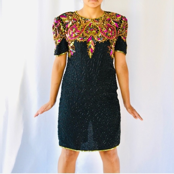 Vintage 80s Lawrence Kazar Embellished multicolor Sequin Cocktail Dress size PL - Picture 3 of 17
